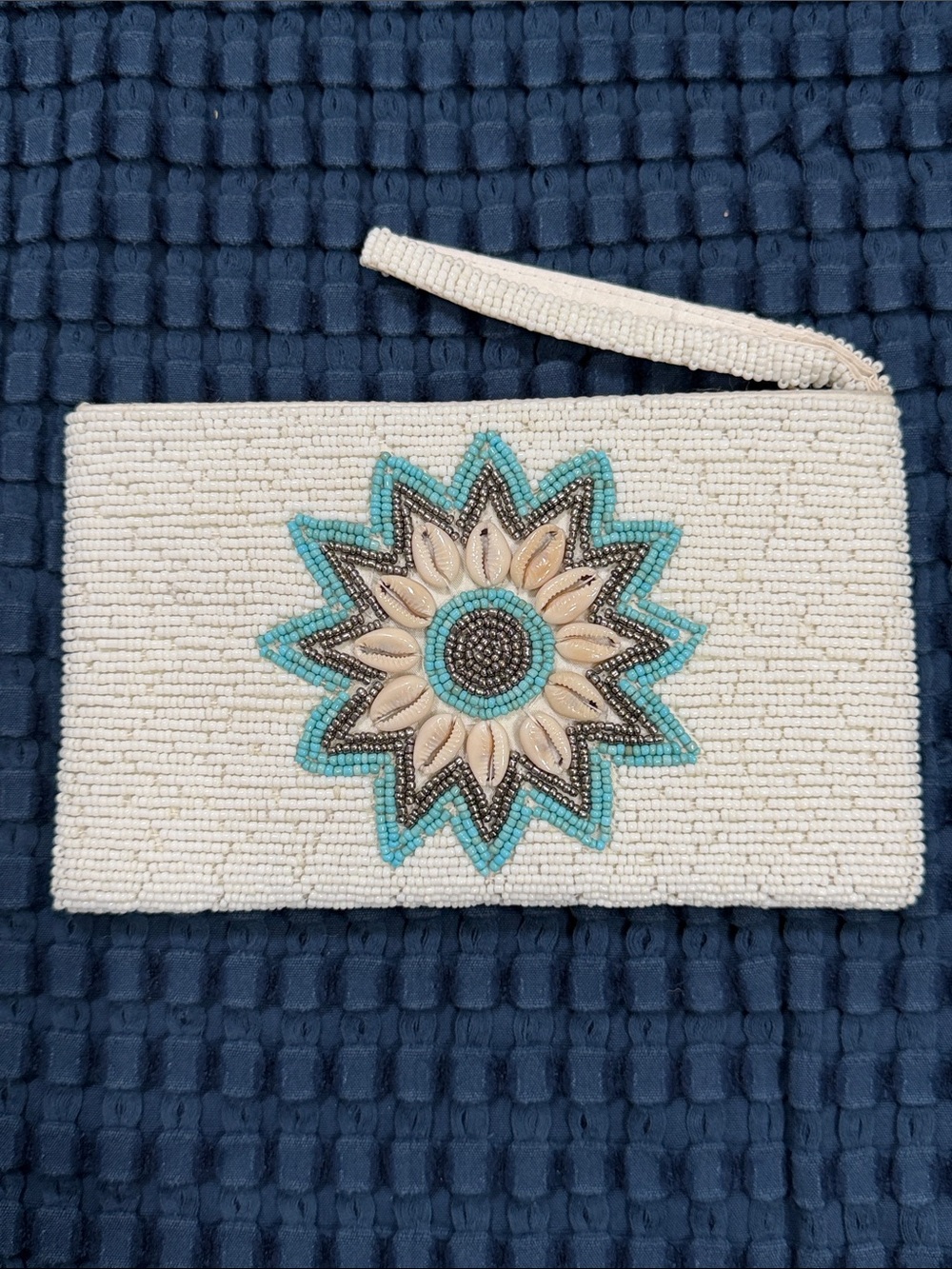 Beaded White Silver Turquoise Star Sea Shell Small Bag Clutch Wallet